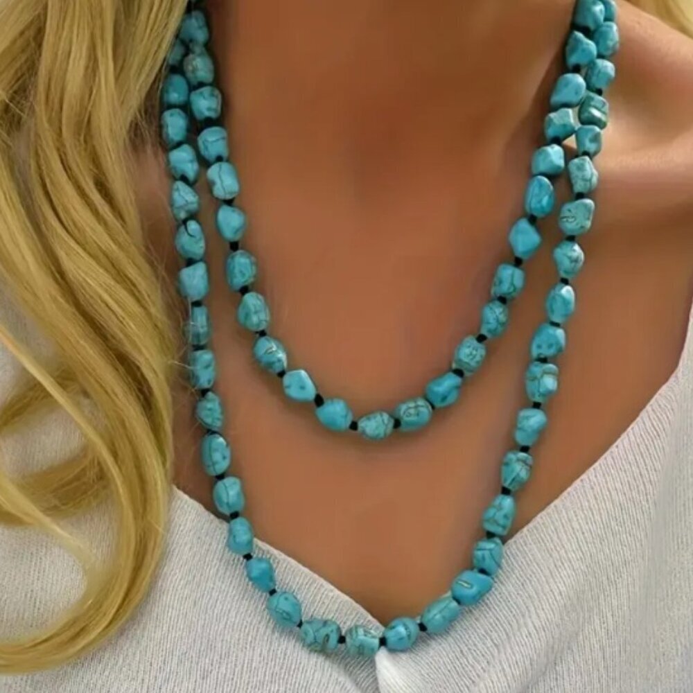 Bohemian Style Long Natural Stone Turquoise Necklace - 47.25 Inches Length